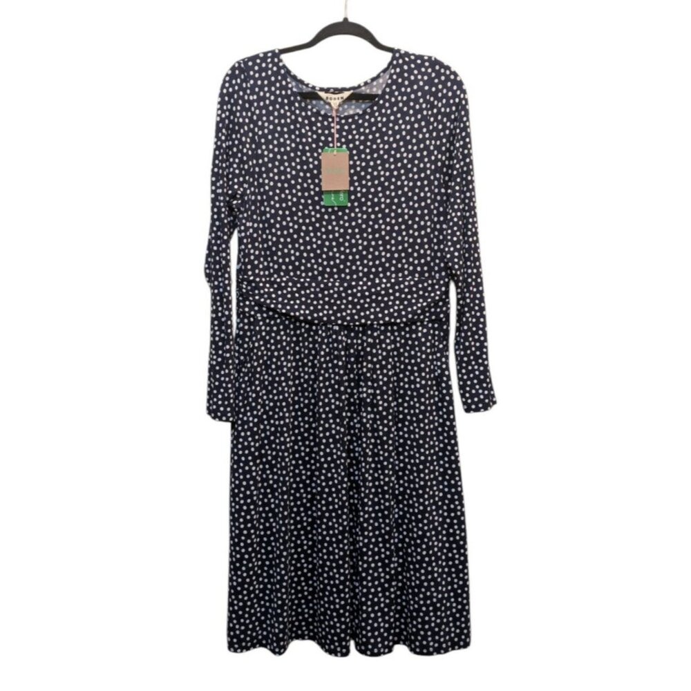 Boden Abigail Jersey Dress Size 12R Blue White Polka Dot Midi‎